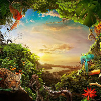 Animales Selva Sabana Cielo Papel pintado panorámico